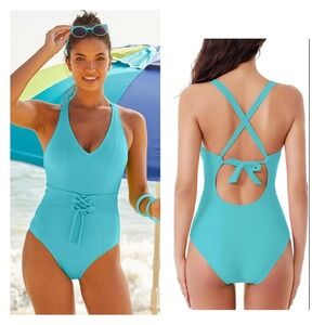 Bca By Rebecca Virtue Aqua Lace-Up Front One-Piece V-Neck Swimsuit M NWT